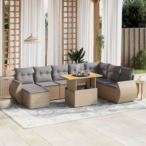 Set de sofás de jardín 9 pzas con cojines ratán sintético beige vidaXL (1/4)