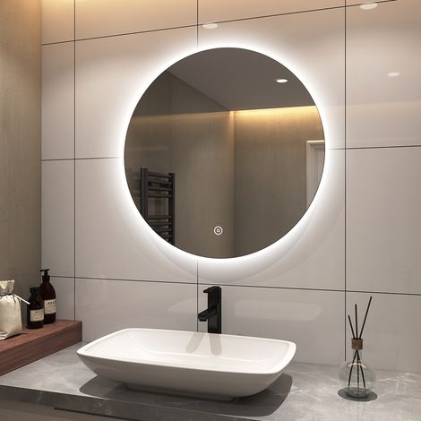 Miroir salle de bain LED rond 70 cm, tactile, intensité réglable, lumière 6500K