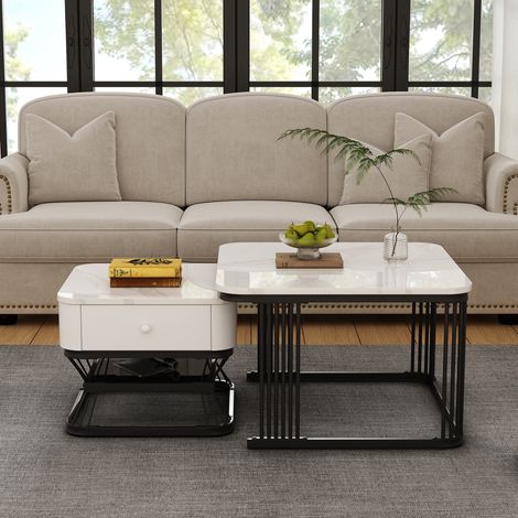 2 teiliges Couchtisch Set (70 x 70 x 45 cm + 50 x 50 x 40 cm), Hochglanz, Marmoroptik, MDF und Metall, Weiß Schwarz (1/5)
