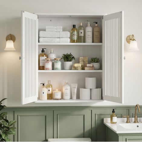 Armoire de Salle de Bain Murale avec 2 Portes à Persiennes, Rangement Mural Peu Encombrant en MDF Blanc (1/5)