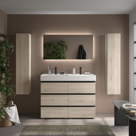 Meuble de salle de bain BEQUIA METAL 3C 120cm Naturel Vasque Veneto Porcelaine Centrale (1/4)