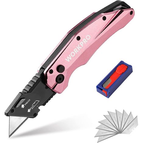 WORKPRO Cutter Professionnel Pliant, Cutter Utilitaire avec Mécanisme de Changement Rapide & Serrure Bouton, Cutter Rose avec 10 Lames SK5 Supplémentaires, Idéal pour Coupe (1/5)