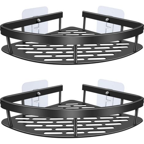 Étagère de douche d'angle, 2 étagères de douche en acier inoxydable sans perçage, étagère de douche d'angle avec 4 crochets pour ranger shampoing et gel douche (noir) (1/4)