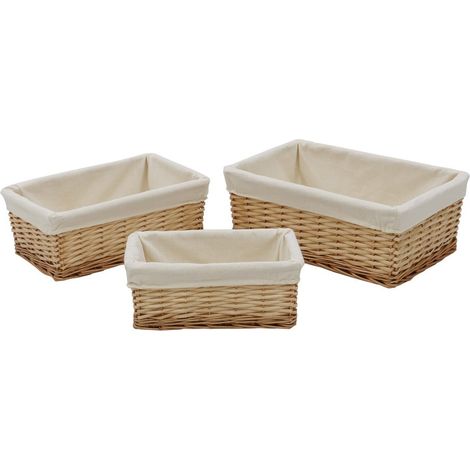 Acacia Set of 3 Rectangular Willow Storage Baskets with Lining, Honey Finish