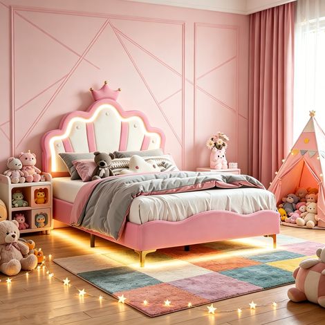 lit princesse 140 x 190, lit enfant avec LED, lit fille, Sommier Inclus, Tête de lit réglable, chambre d'adolescent, PU, Rose