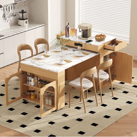 Isola cucina allungabile 55-153 x 80 x 93 cm, mobile buffet con contenitore, prese integrate e ante in vetro (1/5)