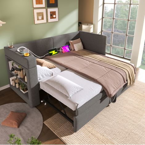 Schlafsofa Baumwoll-Leinen Grau 90x200 cm mit Ausziehbett, USB- und Type-C-Anschluss, Getränkehaltern (1/5)