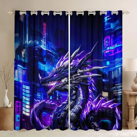 Rideaux de fenêtre Dragon mécanique pour filles et garçons, taille M, animaux sauvages occidentaux, bons rideaux occultants, jeu vidéo, 2 panneaux, 183 x 117 cm - 183x117cm (HxB) (1/5)