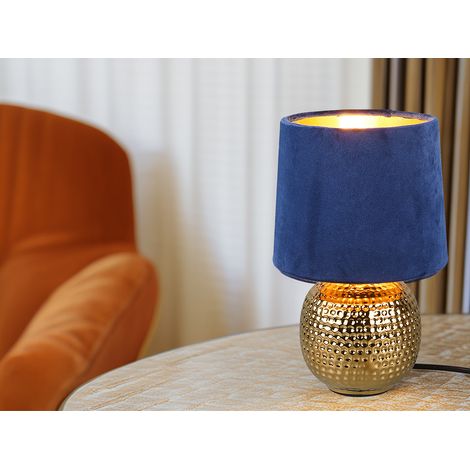 Tischleuchte SOPHIA mit Keramikfuß & Samtschirm Blau - Gold, Höhe 26cm