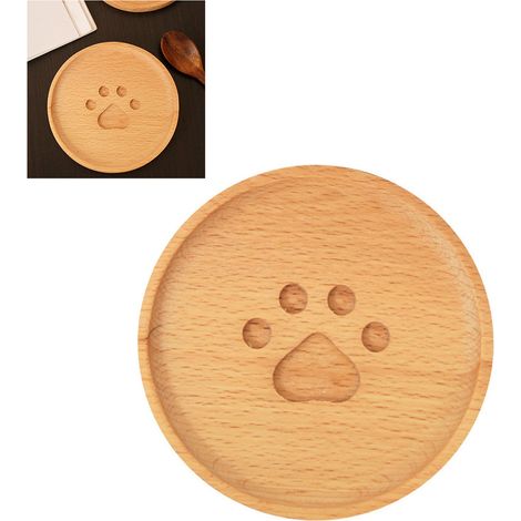 Tischset aus Holz, hitzebeständig, rutschfest, mit rundem Pfotenmotiv für Tassen und Kaffeebecher [Tischset][Untersetzer][Pad] Material: Naturbuchenholz, 80 g (1/5)