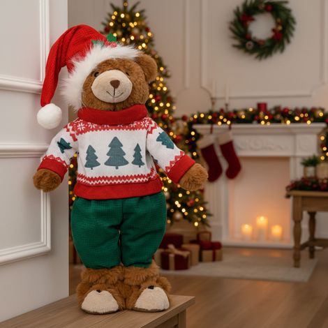 Orsacchiotto con maglione e cappello natalizio in piedi in poliestere -h 90 cm (1/4)