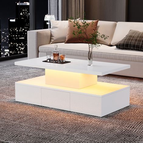 Mesa de centro cajón de almacenamiento estante abierto acabado brillante tablero 100x50x39cm color blanco (1/5)