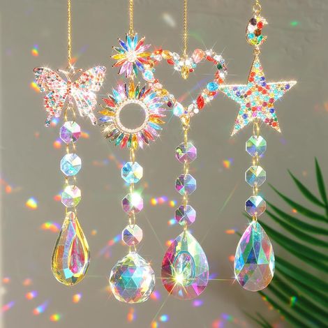 Lot de 4 pendentifs attrape-soleil cristal pour fenêtre - Décoration à suspendre - Cristaux arc-en-ciel maison/jardin