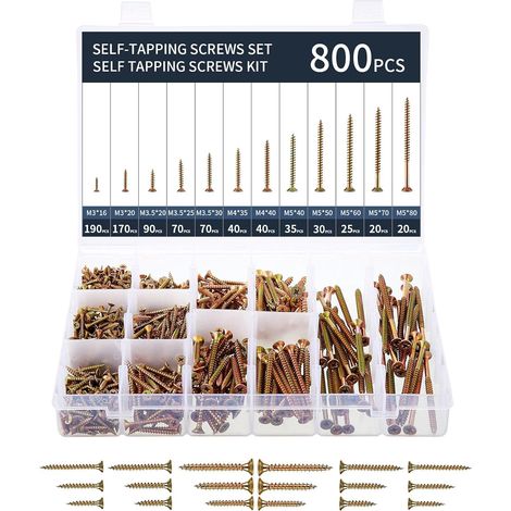 800 Pcs Vis à Bois Autotaraudeuses - Tête Plate Phillips, Autoperforante en Acier Au Carbone, Zinc Coloré (1/5)