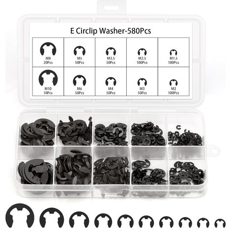 Paquete de 580 anillos de retención de tamaños surtidos (anillos E-Clip, anillos de retención externos, anillos de apertura internos, color negro). (1/5)