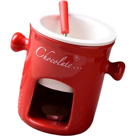 Mug en céramique pour fondue au chocolat et au fromage, 2 anses, compatible lave-vaisselle, rouge, bougie non incluse (1/5)