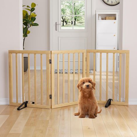 Barrière de Sécurité pour Chien Modèle d'Intérieur à 3 Panneaux sans Perçage d'une Hauteur de 61cm et d'une Largeur de 140cm Elle Est Livrée avec 2 Supports Métalliques(Couleur Naturelle) (1/5)