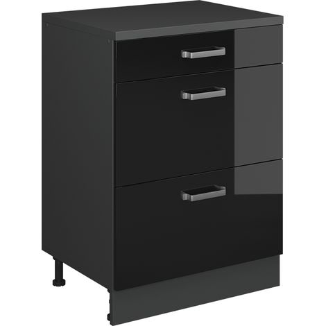 Mueble para ático Rion, Negro brillo intenso, 60 x 81.6 cm sin inclinación con 3 cajones, Vicco (1/5)