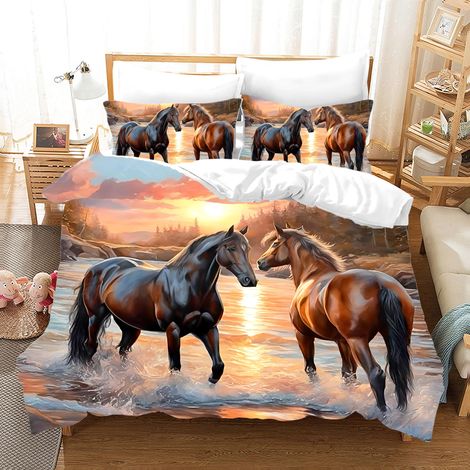 Parure de lit 3D avec fermeture éclair - En microfibre super douce et agréable - 3 pièces - Housse de couette 135 x 200 cm + 2 taies d'oreiller 80 x 80 cm (cheval 6, 135 x 200 cm + 80 x 80 x 2) (1/5)