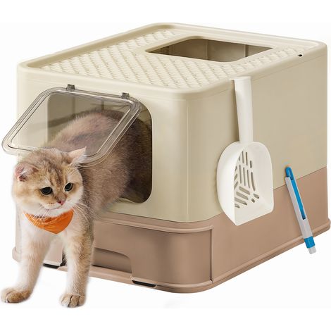 Bac à Litière Fermé pour Chat, Maison de Toilette, Plateau Amovible, Pelle, Brosse, pour Grand Chat, Capacité 15 kg, Anti-traces, Anti-fuites, Beige Sable et Marron Camel (1/5)