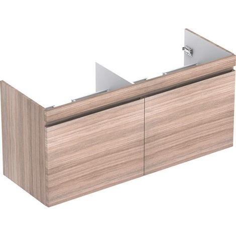Mueble bajo para lavabo doble para mueble Geberit Renova Plan, con dos cajones y dos cajones ingleses: Ancho 129cm, Alto 58,5cm, Fondo 47,3cm, Olmo / Film decorativo estructurado