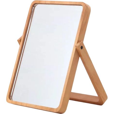 Miroir Maquillage Bois de Table, Petit Miroir Rond Rectangulaire Naturel Cosmétique avec Support Réglable (1/4)