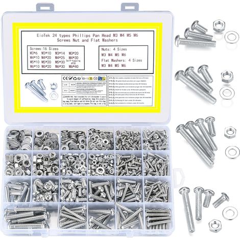1080 Pièces Set Vis écrous Rondelles, M3 M4 M5 M6 Vis Boulons Plate Autotaraudeuses Kit Assortiment pour Fixation Bricolage (1/5)