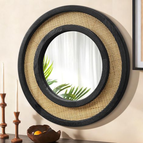 Miroir mural en cercle avec cadre en bois rond en rotin suspendu décoratif de grande taille de 40 cm pour chambre à coucher, salon, salle de bain, entrée, couloir (1/5)