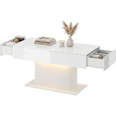 Table basse LED blanche, laquée brillante, moderne, 2 tiroirs, avec rangement et télécommande (1/5)