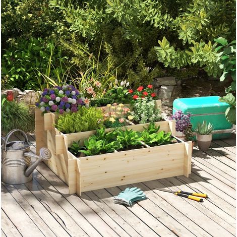 Carré potager 117x100x54 cm bois naturel en sapin verni avec 9 compartiments et intérieur respirant (1/5)