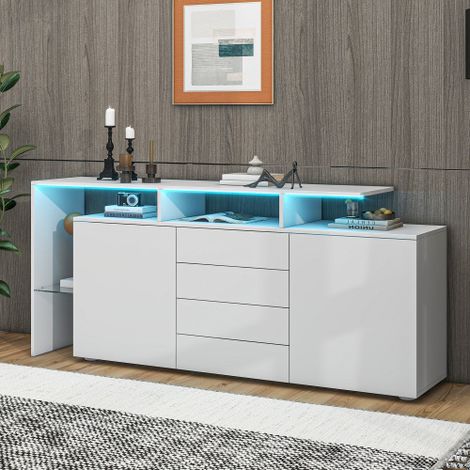 Commode, buffet avec éclairage LED, mobilier de salon blanc laqué, meuble de salon, meuble indépendant, meuble TV, meuble mural de salon, console haute, meuble multifonction, buffet, salle à manger