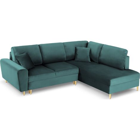 Canapé d'angle droit convertible + box 5 places velours pétrole (1/5)
