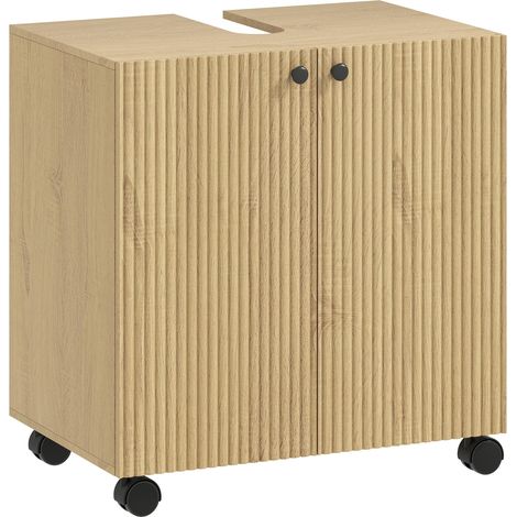 Meuble-lavabo de salle de bain en bois, étagère à 3 niveaux et roulettes, meuble mobile pratique et design pour rangement (1/5)