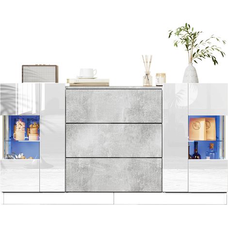 Sideboard design moderne 2 portes 3 tiroirs avec façade blanche brillante, effet marbre gris et LED 16 couleurs, 140 x 35 x 75 cm pour salon CHICFURN (1/5)
