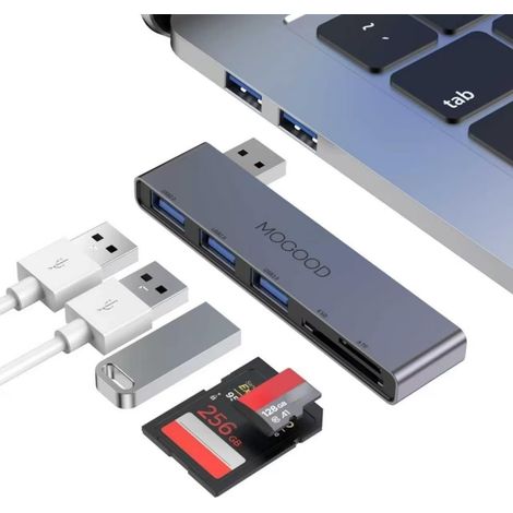 Hub USB 5 en 1 5Gbps, 1xUSB3.0 2xUSB2.0, SD/TF, Alu, Gris Gauche (1/5)