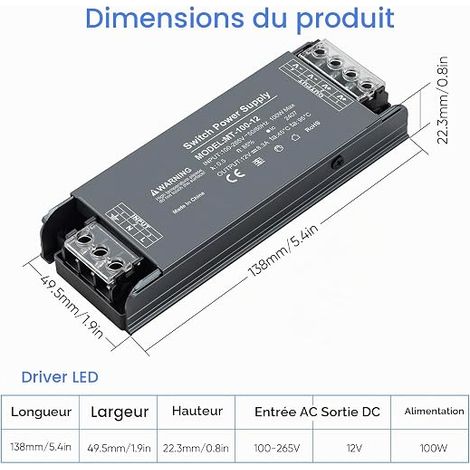 Transformateur 220V 12V, Alimentation 100W 8.3A, Driver LED Plat et Compact, Adaptateur pour Ruban LED, Spots et Éclairage Intérieur (1/4)