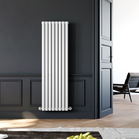 ELEGANT Central Heating Radiator 1600 x 472mm Vertical White Single Panel Oval Column Rad + Angled Radiator Valves (1/5)
