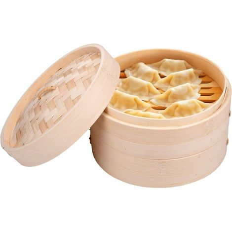 Panier Vapeur en Bambou - Panier Vapeur avec 2 Étages - 20 x 13,5 cm - 100% Bambou - Vapeur au-dessus d'une casserole - Adapté pour les boulettes, les légumes, le riz et plus - avec couvercle (1/3)