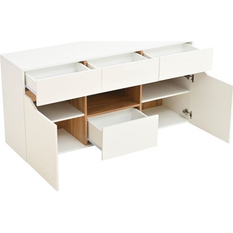 Aparador de salón 140 x 40 x 70 cm con 4 cajones, 2 armarios y LED, blanco y madera (1/5)