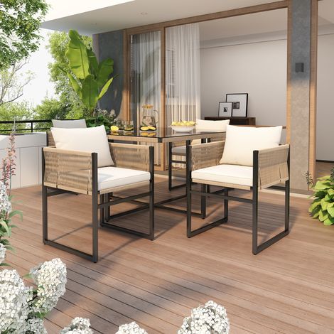 Salle à manger de jardin 5 pièces : 1 table + 4 chaises empilables, corde fine, fer, plateau verre 5mm (ancien SKU : HW24026AAA)