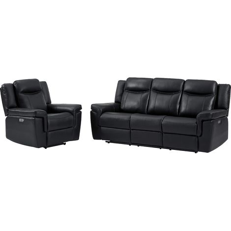 Canapé 3 places et un fauteuil relax électrique en cuir KENNETH - Noir (1/4)