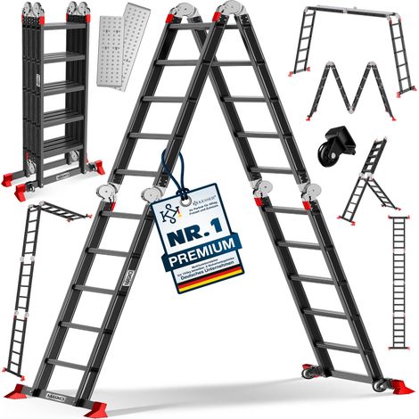 MASKO® Mehrzweckleiter Aluminium 6 in 1 - 4 x 5 Sprossen, Schwarz / Rot