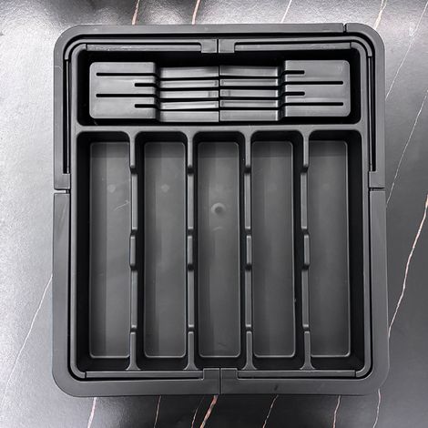 Schubladen-Besteckkasten-Set, erweiterbarer Besteckkasten mit 9 Fächern, 2 herausnehmbaren Klingenhaltern, Schwarz (1/5)