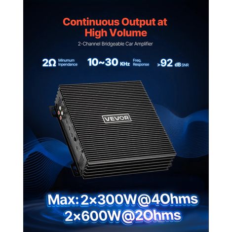 Amplificateur Audio Voiture, Amplificateur Stéréo à 2 Canaux Pontables, Classe AB à Gamme Complète Max. 2x300 W sous 4 ohms/2x600 W sous 2 ohms, Ampli de Puissance pour SUV, MPV et Tout-terrain (1/5)