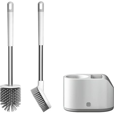 Ensemble de 1Brosse de toilette et support,Brosse de nettoyage de salle deBains en silicone avecBase anti - goutte,Brosse à récurer muraleBlanche à long manche (1/5)