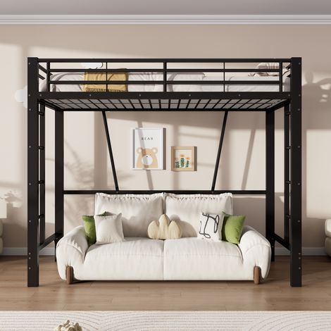 Lit mezzanine, 90 x 200 cm, cadre de lit en métal, échelle double, espace de rangement ouvert sous le lit, matelas non inclus, noir (1/4)