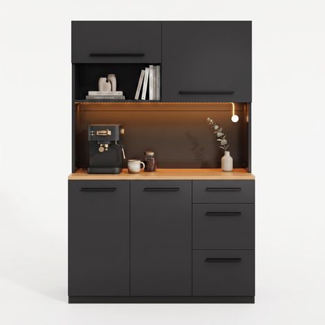 FurnitureR Black Tall Sideboard, 120 × 40 × 180 cm Dining Storage Unit with Multicolour LED Strip, Gas-Spring Door, Power Outlets and USB Ports (1/5)