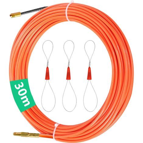 30M Aiguille Electricien,Tire Fils Electrique Aiguille Nylon,φ4mm Tire Fil Electrique avec 3 Tête Flexible de Guidage Aiguille Tire Fil Enfileur pour Fils électrique Tire Cable (Orange) (1/5)