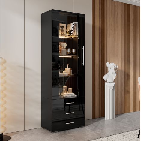 Vitrina negra con LED 60 x 35 x 180 cm, 3 cajones, MDF HAVRYA