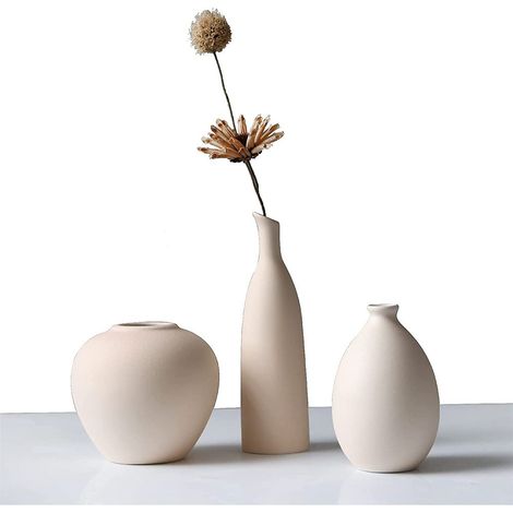 Ensemble de 3 vases en céramique beige, design élégant, finition soignée, pour salon, étagère, table, cheminée (1/5)